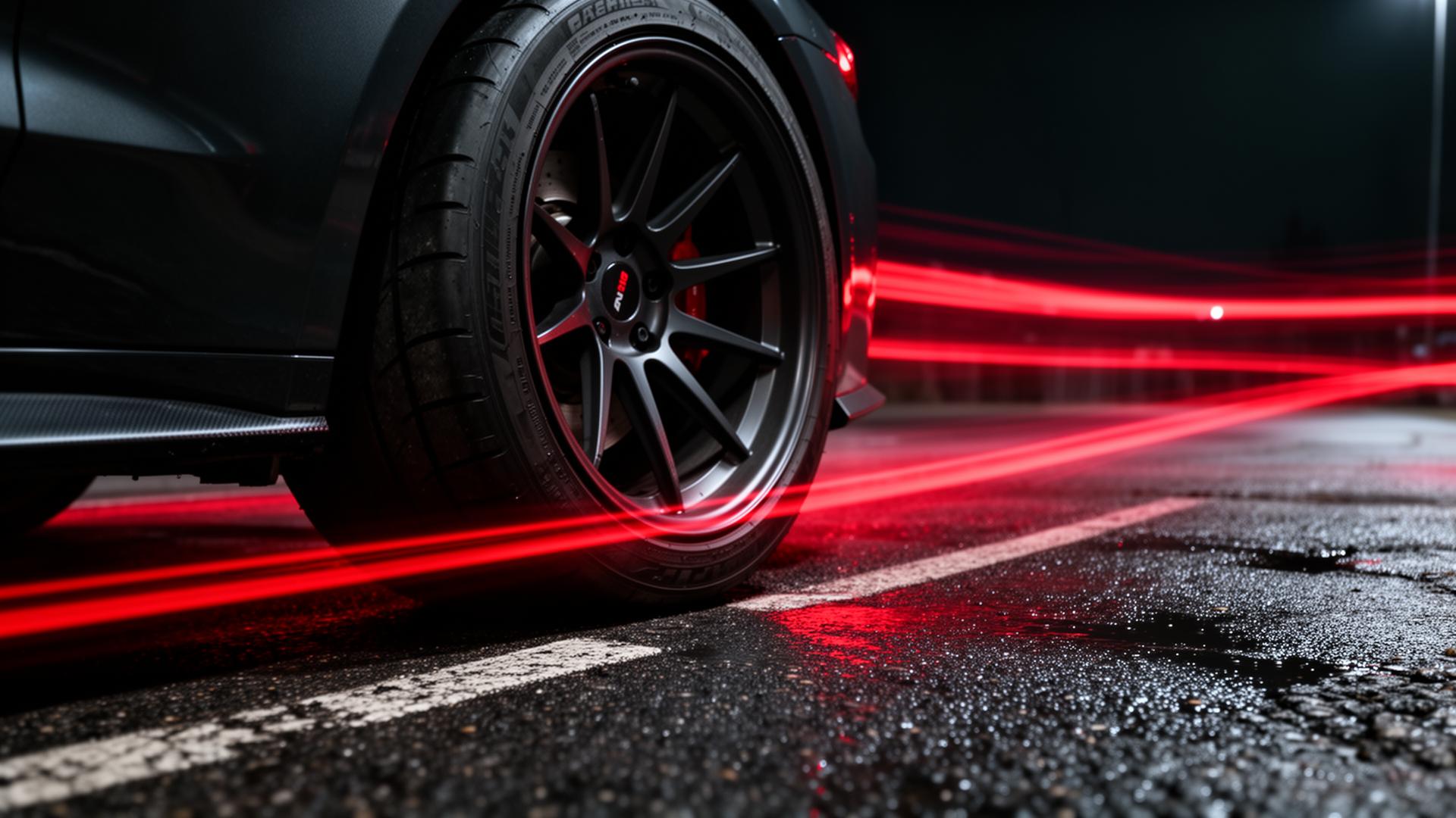 Performance tire on wet asphalt with motion-blur red light streaks