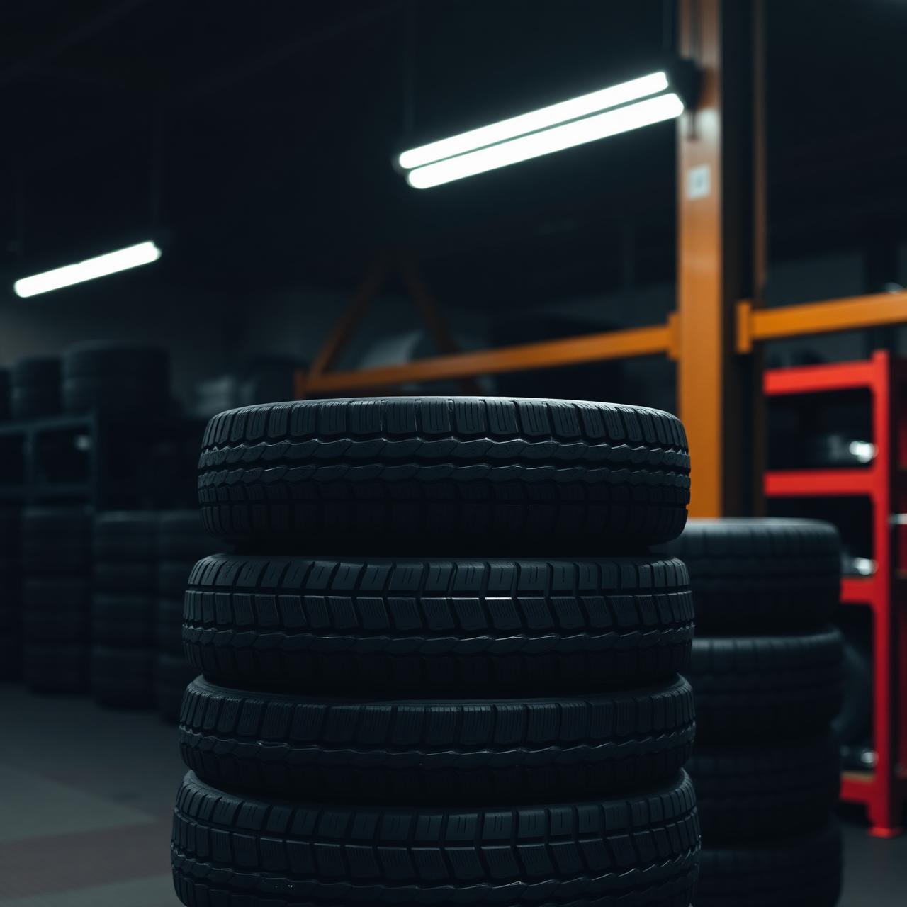 Stack of new tires inside the shop